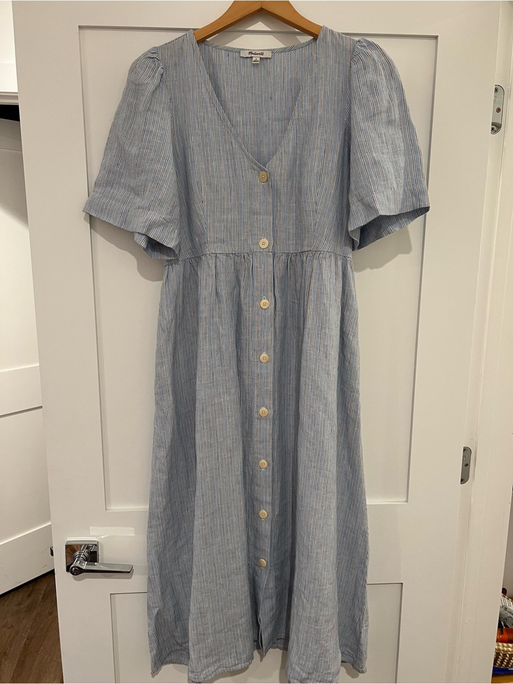 Madewell Cassie Button Front Midi Dress Striped in Powder Blue WORN ONCE